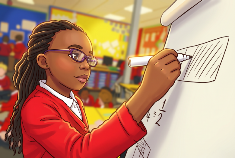 A child writing on a white board