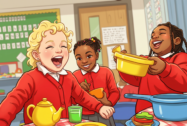 3 children playing pretend tea party, laughing