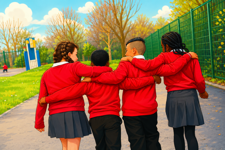 an image of 4 children linking arms facing backwards