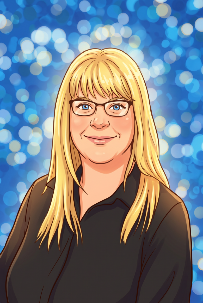 Ms Finlay - long blonde hair, glasses, blue eyes and dark blouse 